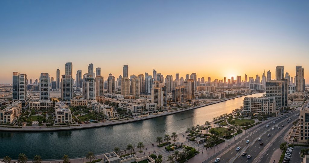 Modern 2 BHK flat in Dubai with an open living room and city view