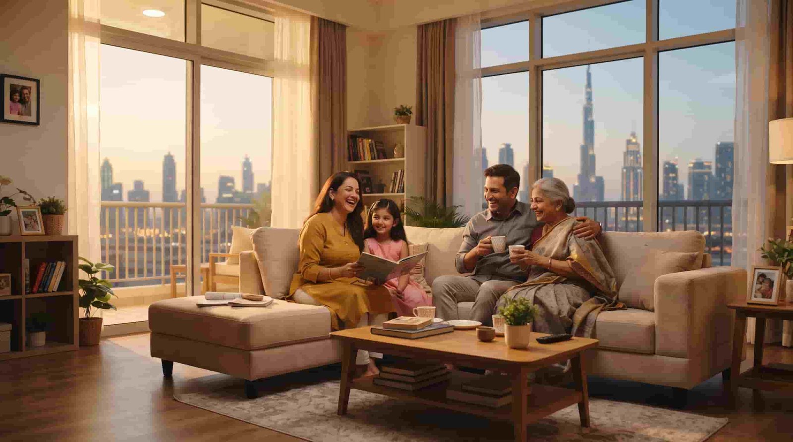 Indian family relaxing in a modern city apartment
