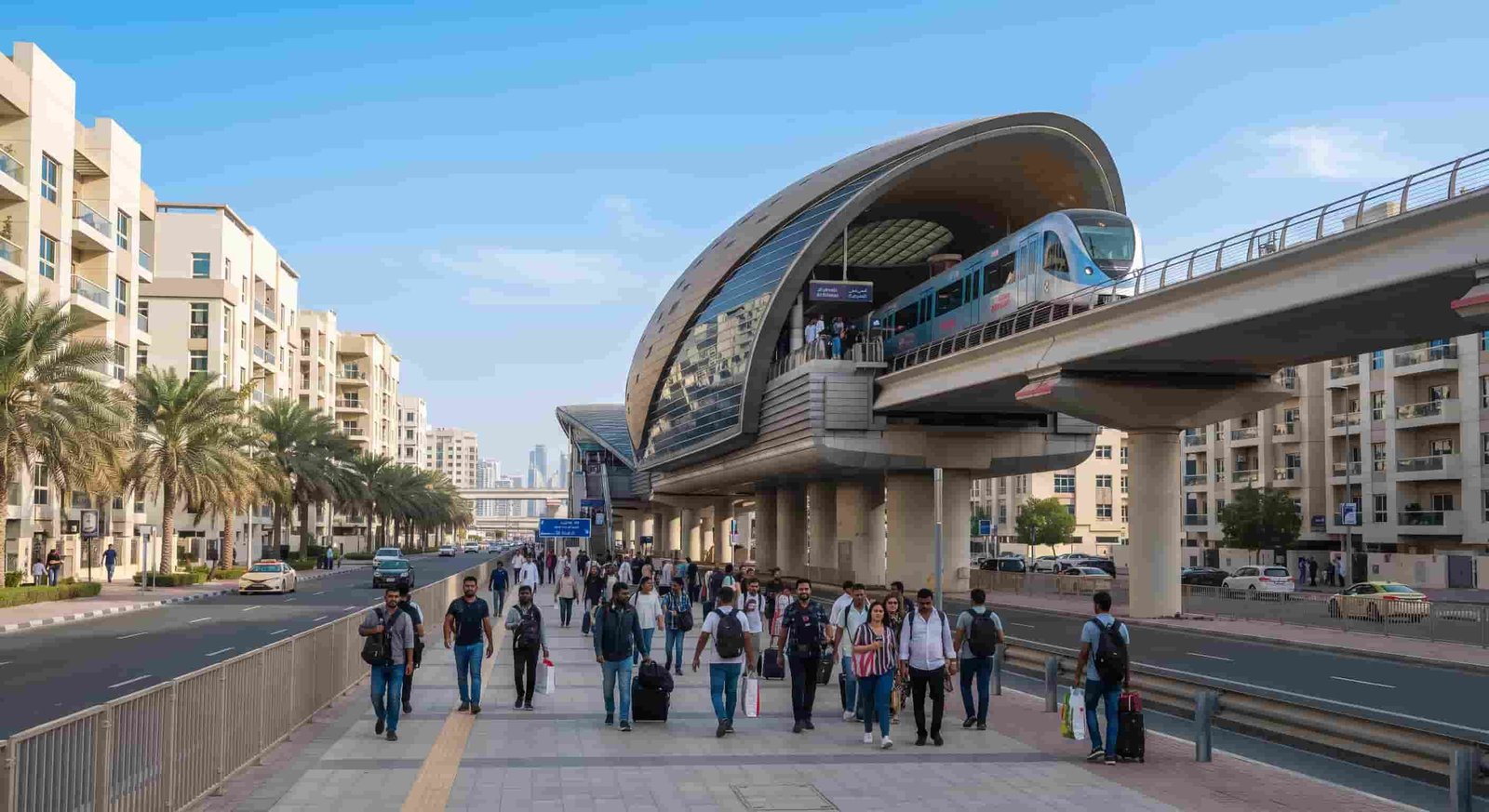 Discovery Gardens Dubai Metro station on the Red Line beside low-rise homes