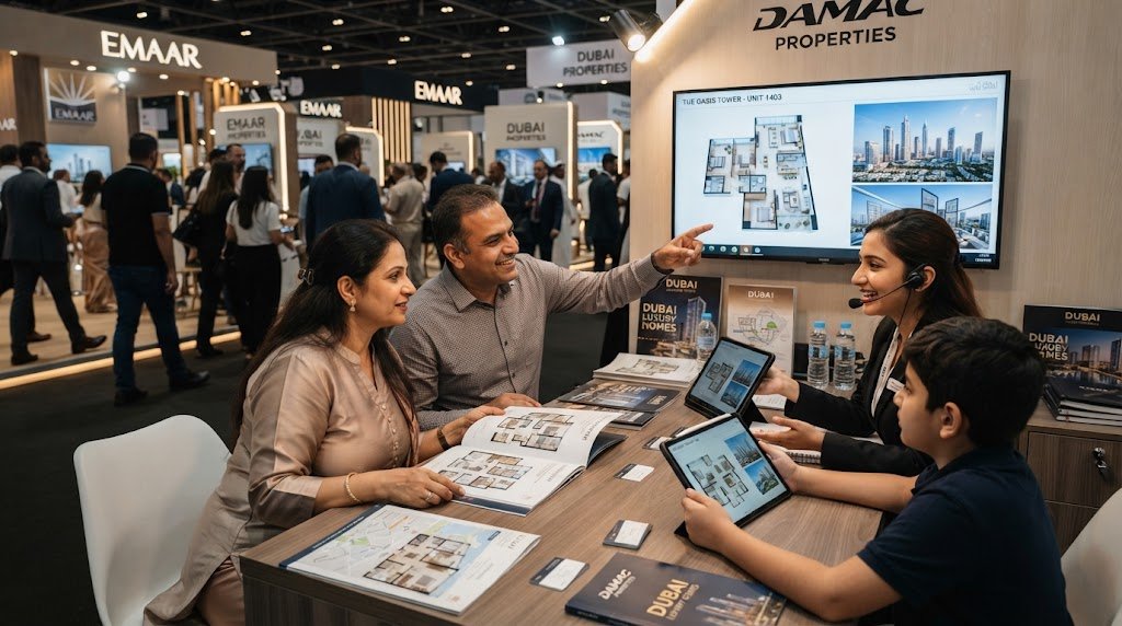 Indian family reviewing 2 BHK flat options with an adviser at a Dubai property expo