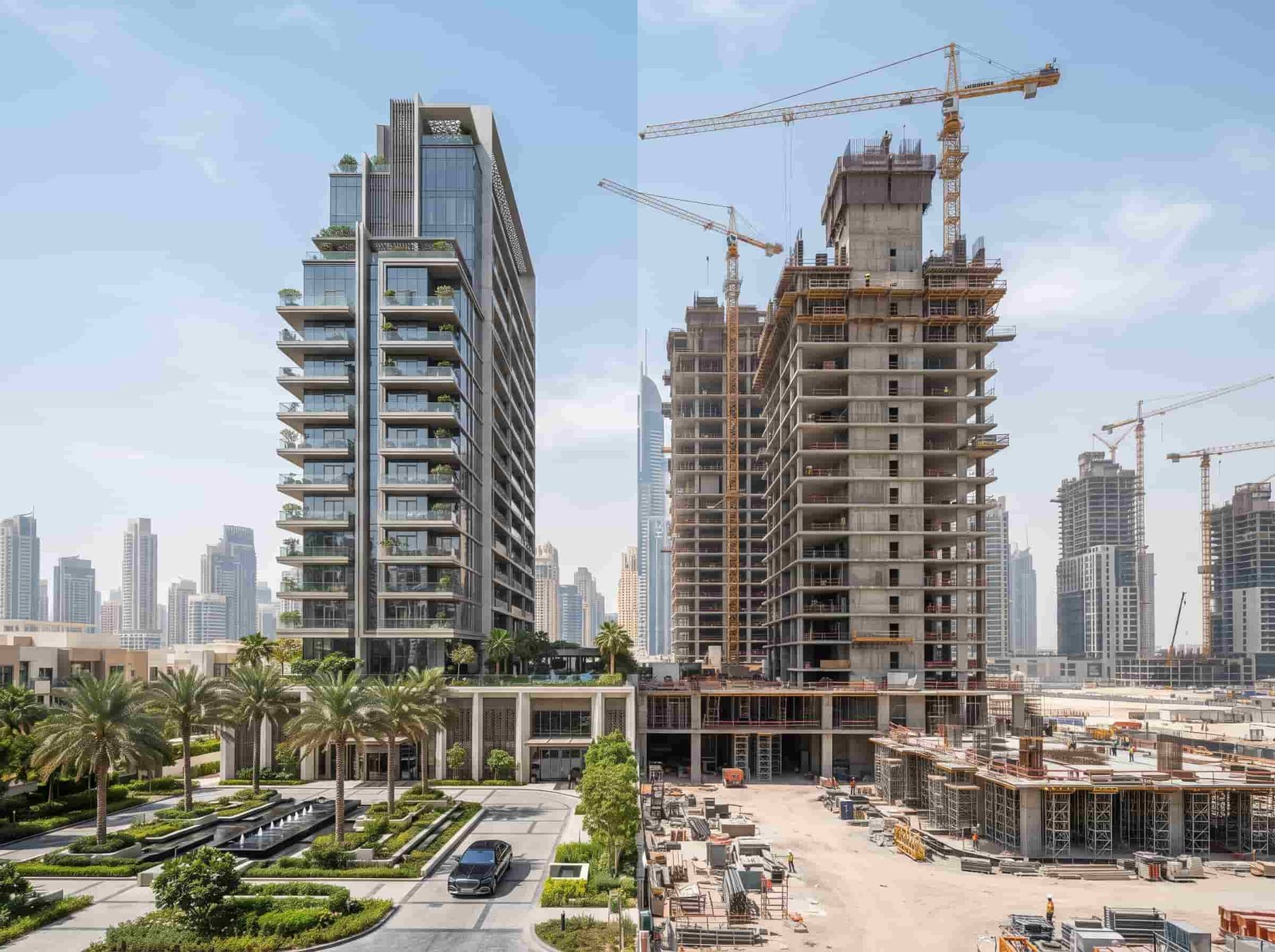 Ready and off-plan luxury apartments in Dubai shown through completed and developing residential towers.