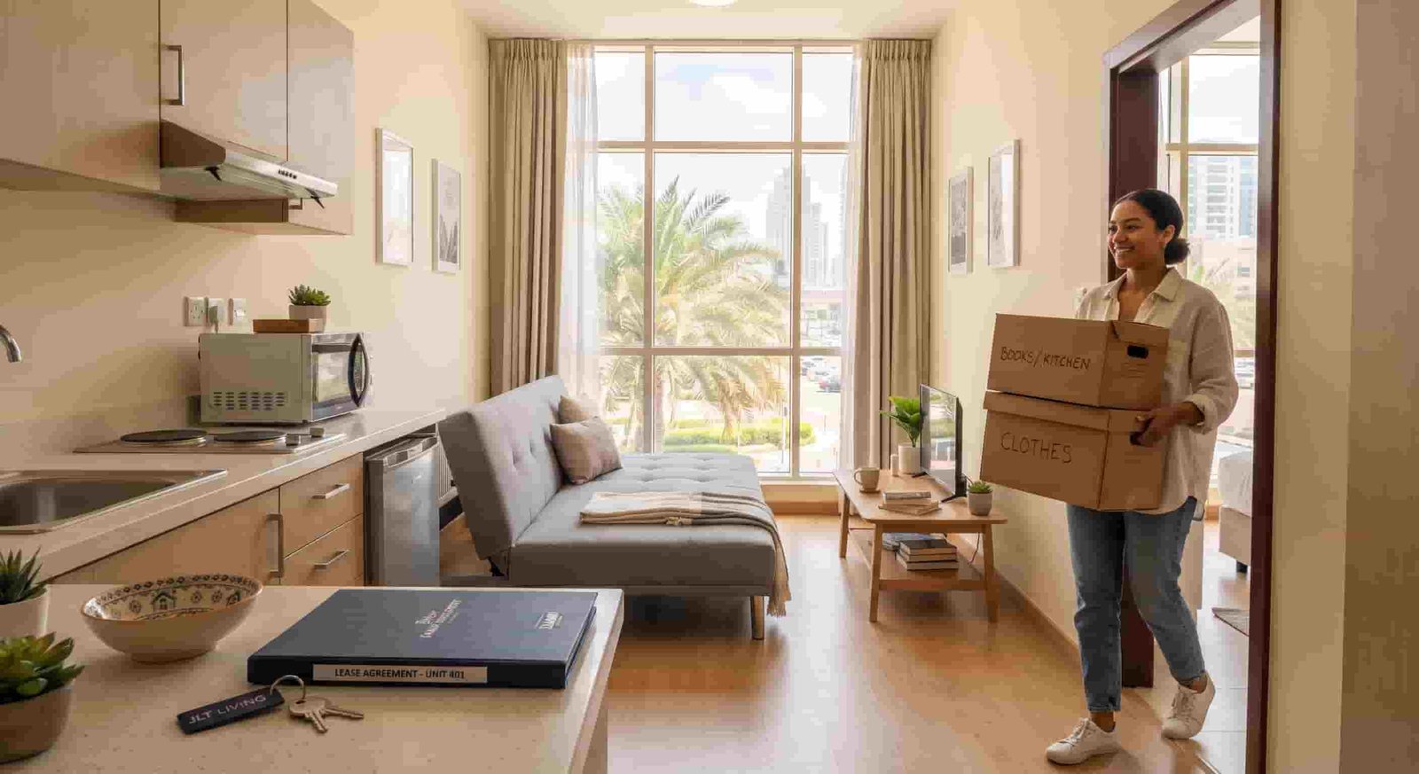 Young tenant moving boxes into a bright studio flat in Dubai