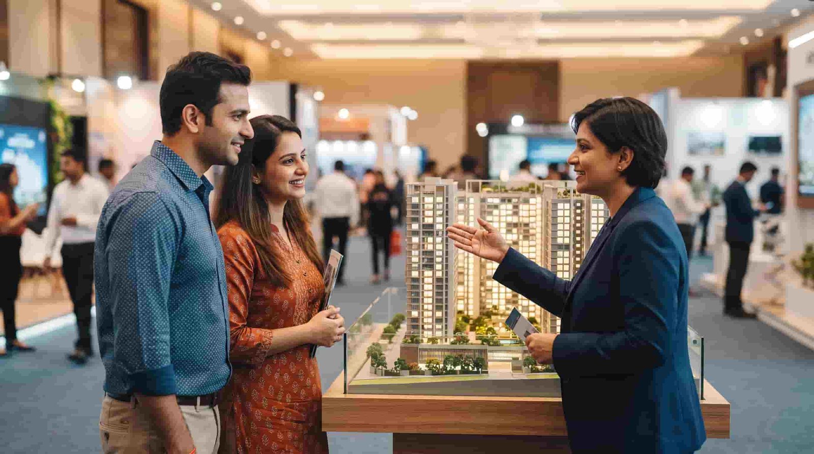 Indian couple discussing Dubai property options with an advisor at an expo